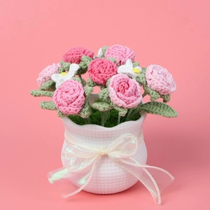 Handmade Crochet Rose Potted Plant Artificial Wool Yarn Flower White Grid Pot Desktop Decor Aesthetic Ornament