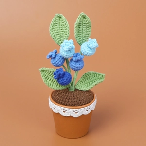 Detailopname van handgehaakte blauwe bessen potplant met verfijnde breistructuur