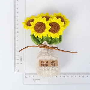 Handmade crochet sunflower potted plant home decor with Hand Made leather label