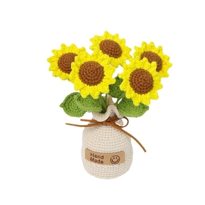 Handmade crochet sunflower potted plant with yellow petals and Hand Made leather label