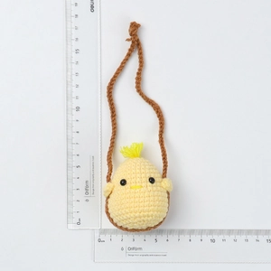 Handmade crochet yellow chick car pendant with long strap and scale size reference