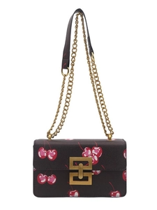 Retro black crossbody bag with cherry print, gold chain strap and square buckle clasp