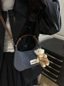 Retro blue denim dumpling shoulder bag with leather strap and cute bear charm pendant