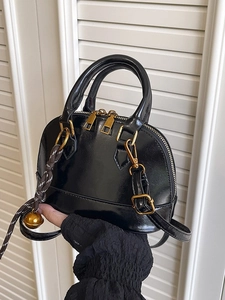 Vintage Shiny PU Leather Mini Shell Shoulder Bag For Women Fashion Crossbody Handbag With Elegant Braided Bell Charm Accessory