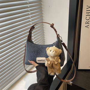 Vintage Denim Small Square Crossbody Bag For Women Casual Washed Jean Shoulder Bag With Cute Bear Pendant Retro Fashion Handbag