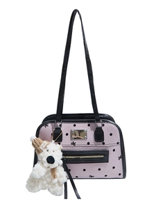 Sac bandoulière en toile rose à pois avec garniture noire et breloque ours blanc