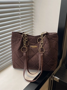 Women's Large Capacity Quilted Rhombus Tote Bag PU Leather Shoulder Bag With Chain Strap Vintage Fashion Commute Handbag