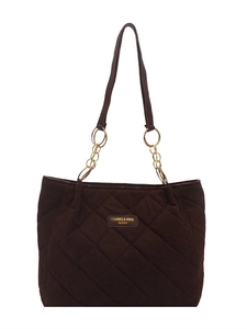 Deep brown quilted tote bag with diamond stitching and gold chain shoulder strap