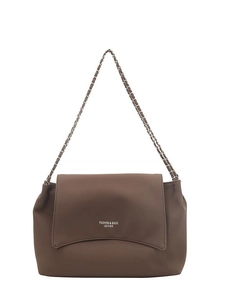 Brown matte leather tote bag with woven silver chain strap and flap closure
