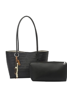 Large black woven tote bag with a matching zipper pouch and wooden bead charm accessory