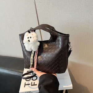 Women Woven Bucket Bag PU Leather Crossbody Handbag With Detachable Strap And Plush Charm Minimalist Office Bag