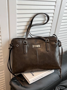 Retro Large Capacity PU Leather Tote Bag For Women Side Drawstring Bow Decor Work School Commuter Shoulder Bag