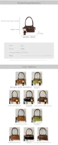 Size guide for suede shoulder bag showing dimensions 30x11x14.5cm and color options