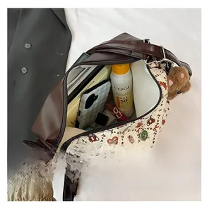 Top view showing the spacious interior of the vintage tote bag with bear pattern design