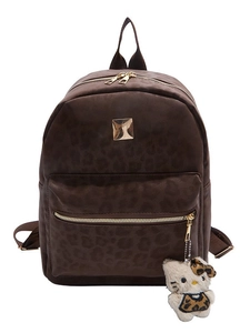 Vintage leopard embossed large backpack in dark brown with gold zippers and metal plate