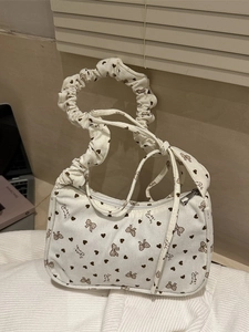 Women Corduroy Underarm Bag Sweet Bow Heart Print Hobo Bag With Scrunchie Handle Casual Shoulder Bag For Daily Travel