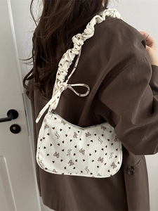 Floral corduroy shoulder bag with heart pattern and ruched strap for women