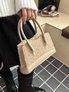 Beige lamb wool patchwork handbag for women with chic faux leather handles and strap