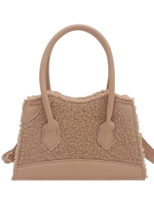 Faux shearling leather patchwork handbag in camel brown for women with shoulder strap