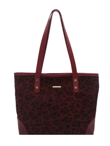Deep red leopard print tote bag with faux leather trim and golden metal rivets
