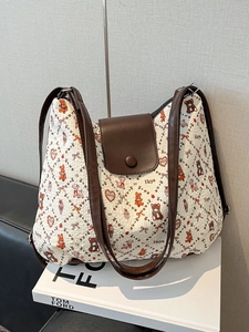 Vintage Bear Print Oxford Fabric Women Tote Bag Large Capacity Casual Shoulder Bag With Plush Charm Retro Handbag For Lady