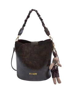 Retro dark brown bucket bag with woven handle and plush rabbit pendant charm