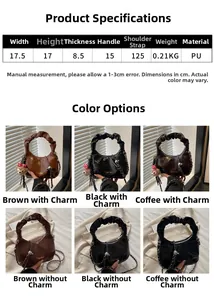 Size chart and dimensions for the pleated PU handbag with strap and handle details