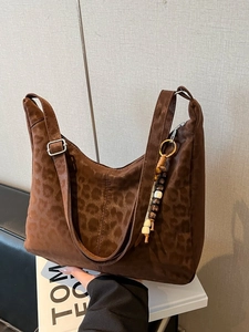Women Leopard Print Hobo Bag PU Faux Suede Large Capacity Vintage Shoulder Tote With Beaded Tassel Charm