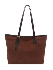 Brown faux suede tote bag with long shoulder straps and gold buckle detail