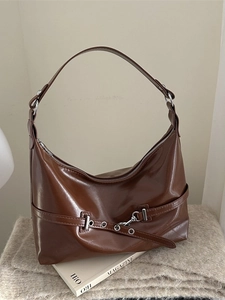 Women Glossy PU Leather Underarm Bag Retro Y2K Hobo Shoulder Crossbody Purse With Silver Buckle Belt Decoration