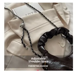 Detail of premium leather pleated bag showing silver chain strap and metal ball adjuster