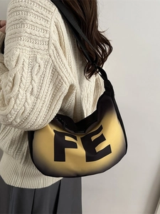 Fashionable gradient crescent bag with FE letter print and adjustable nylon shoulder strap