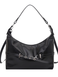 Chic black glossy shoulder bag with vintage biker style silver buckles and metal hardware