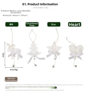 Detailed view of wood Christmas ornaments with white lace bows and metal bells