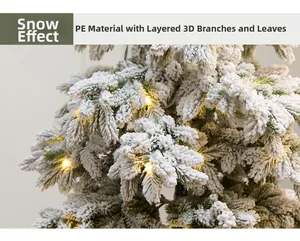 Detail of life-like PE Christmas tree branches with heavy snow effect and warm LED lights