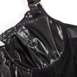 Detail of black faux leather and lace bodysuit with adjustable shoulder straps