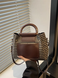 Sac À Main Pied-De-Poule Vintage Femmes Mode Tissu Cuir Synthétique Sac Bandoulière Avec Poignée Ronde En Bois
