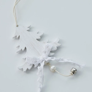 White wooden Christmas tree ornament with elegant lace bow, pearl bead and silver bell