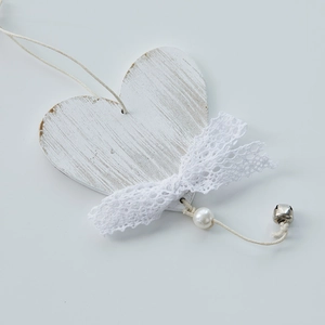 White heart wooden ornament with white lace bow pearl and bell for Christmas decor
