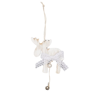 White vintage wooden reindeer ornament with lace bow and bell for Christmas decor