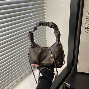 Sac Bandoulière Mode pour Femme avec Poignée Froncée Cuir PU Sac Nuage avec Chaîne Sac à Main Épaule Vintage Café Noir Brun