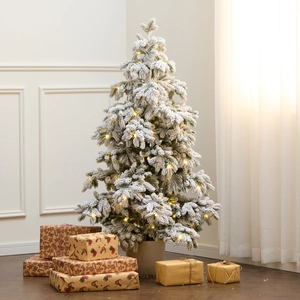 Snow Flocked Christmas Tree Pre-lit Warm LED Lights PE Material Potted Indoor Holiday Decor Winter Festive Realistic