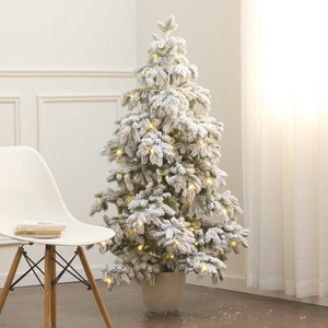 135cm flocked PE Christmas tree with warm LED lights and beige pot for festive decor