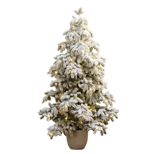135cm pre-lit flocked Christmas tree with warm LED lights in a decorative grey pot