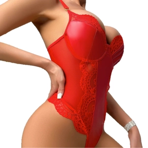 Elegant red lace and patent leather bodysuit with adjustable straps for women