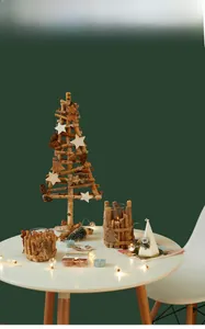 Detail of wooden Christmas set with candle holders and rustic pine cone ornaments