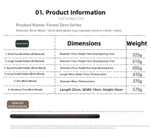 Size chart for wooden candle holders with specific dimensions for birch and driftwood styles