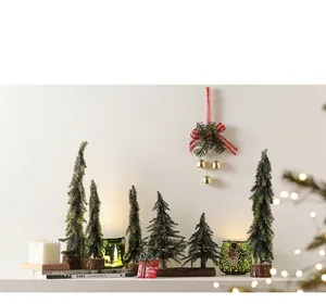 Mini Christmas tree set with natural wood base, festive bells and red gift box decor