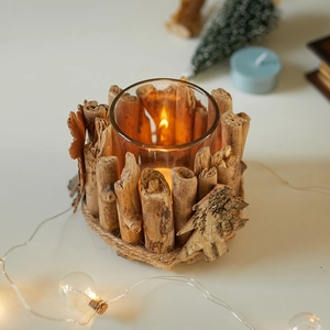 Nordic wooden candle holder with glass cup and rustic hemp rope for festive table decor