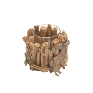 Rustic wooden candle holder with twine, reindeer cutout and internal glass cup